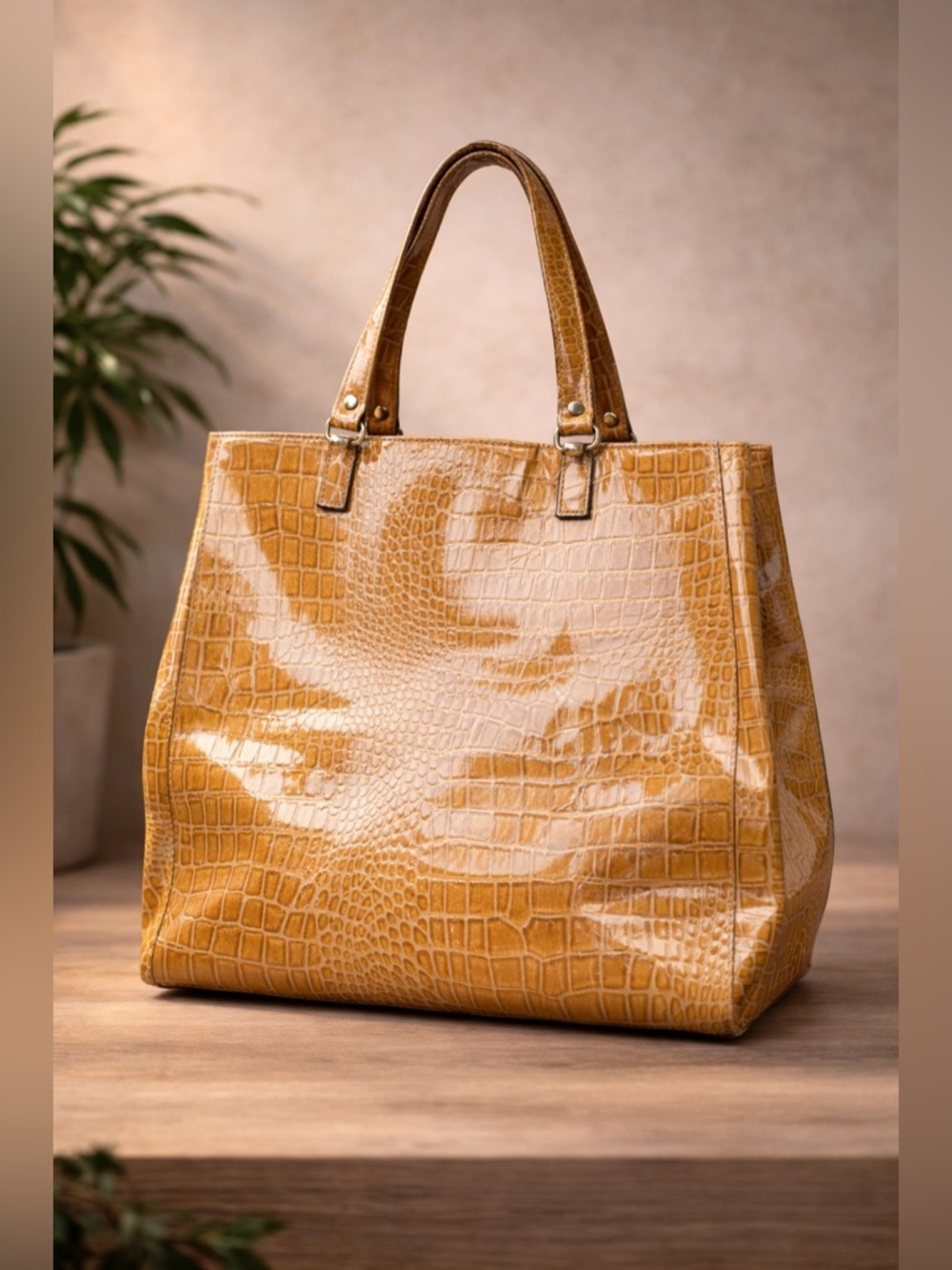 LIKE NEW Embossed Reptile Pattern Embossed Yellow Fashion Tote Bag